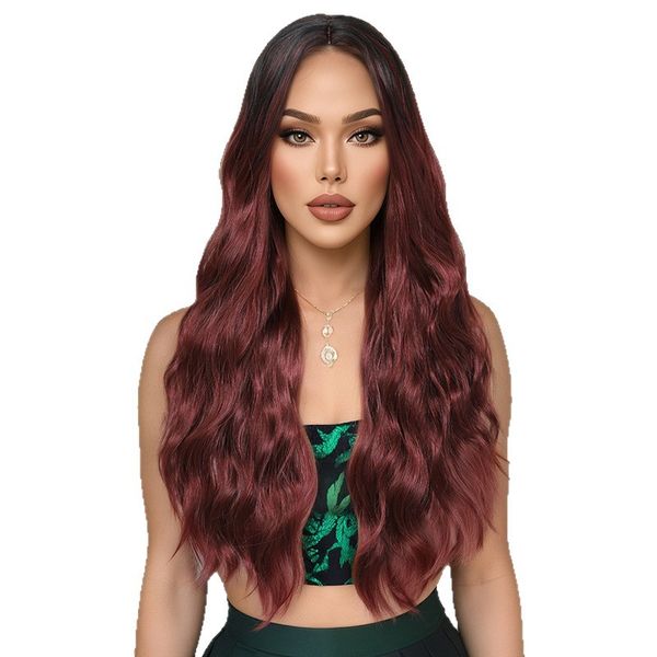 70cm/28 Inch Burgundy Ombre Wig - Fashionable Long Wavy Synthetic Hairpiece