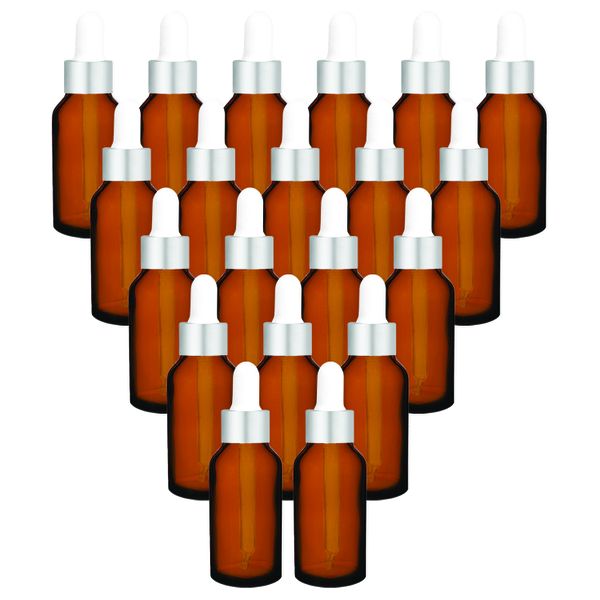 20 x 20ml Amber Glass Dropper Bottle With White &amp; Silver Pipette