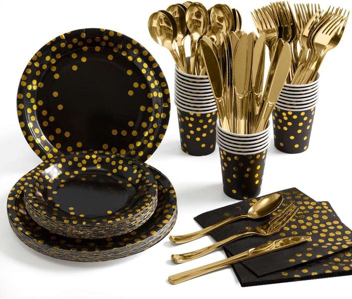 25 Guests Disposable Plates Cups Cutlery Napkins Partyware Set Black-Gold