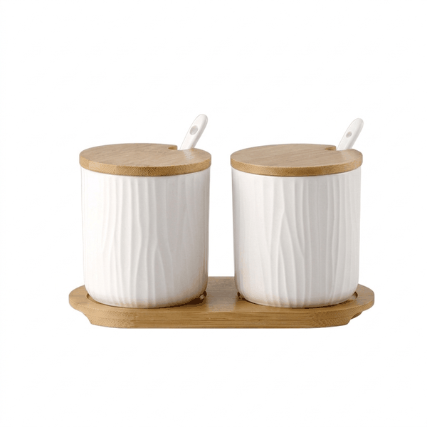 4 Piece - Ceramic Coffee Jar Set with Bamboo Tray &amp; Spoons