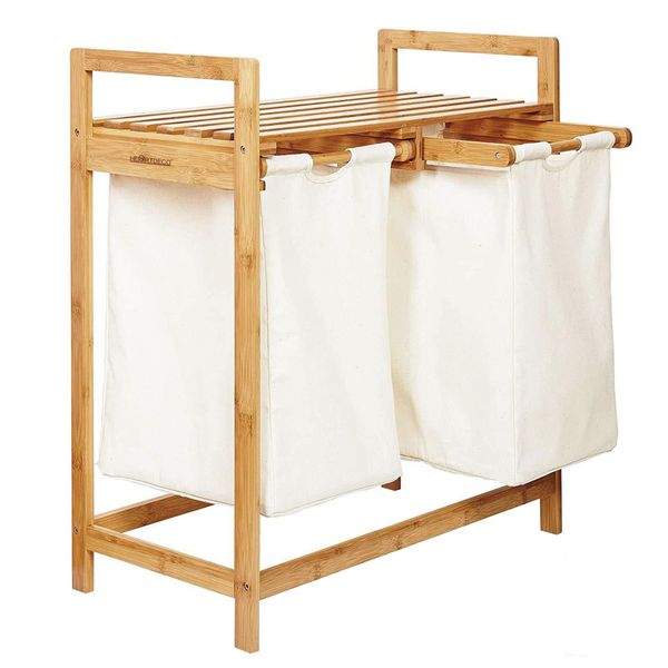 Large capacity Bamboo Laundry Basket with 2 Basket and Removable Bags