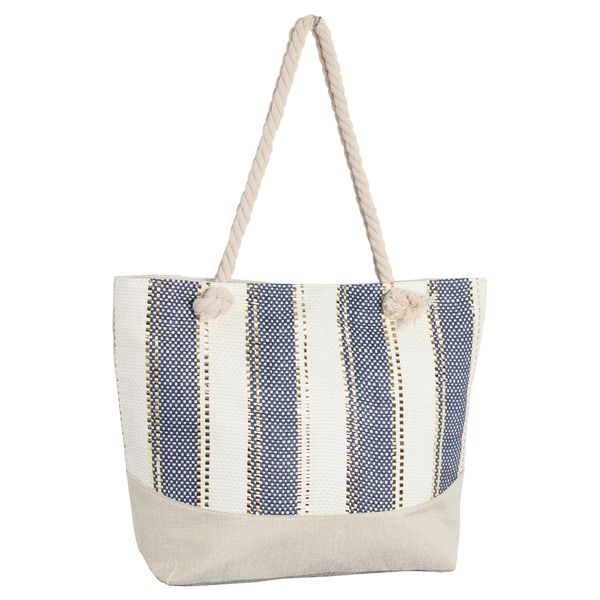 Purple &amp; Prose Striped Pattern Canvas Beach Bag-Blue/Cream