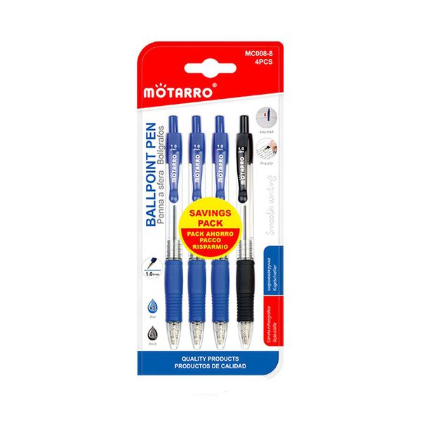 High Quality 1mm Tip 3 Blue &amp; 1 Black Ballpoint Pens Pack
