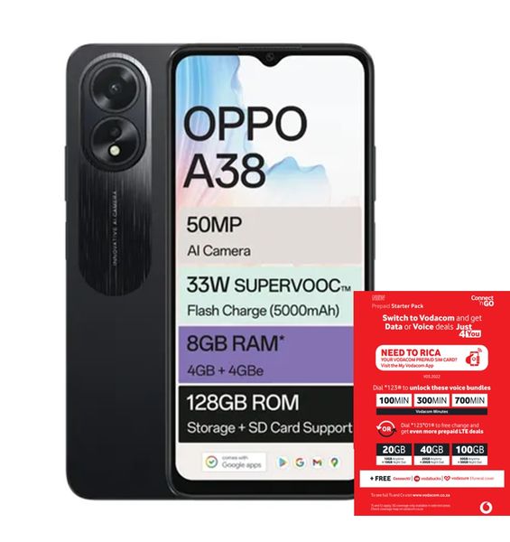 OPPO A38 128GB LTE Dual Sim - Glowing Black + Vodacom Sim Card Pack