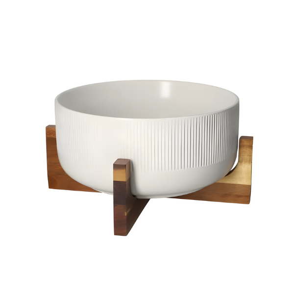 Modern Ceramic Salad Bowl with Wooden Stand - Elegant Serving &amp; Décor Piece