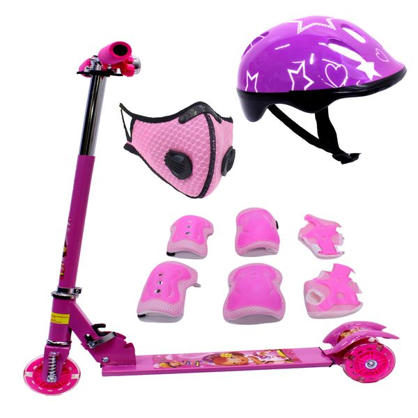 Scooter 3 Wheeled-Folding-Light Up Wheel-Helmet &amp; Protective Gear Kit- Pink