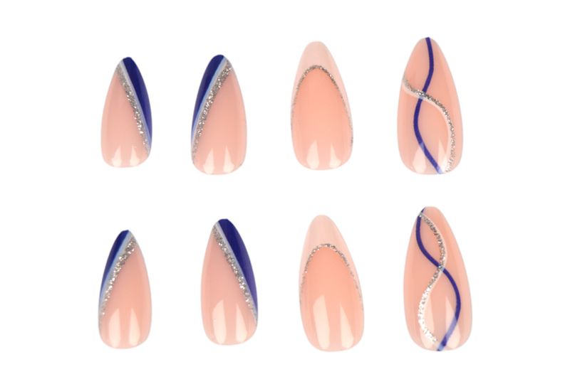 24 Piece Glitter Striped Soft Pink French Tip Nail Set - Multicolour