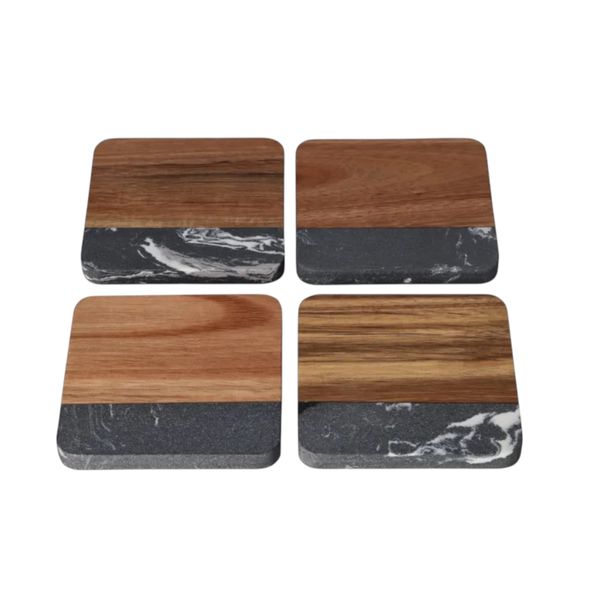 Elegant Marble and Acacia Wood Coasters - Square Anti Slip Design