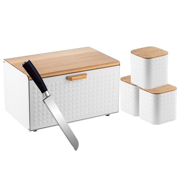 Modern Bread Bin Including 3 Storage Containers with Bread Knife - 5 Piece Set