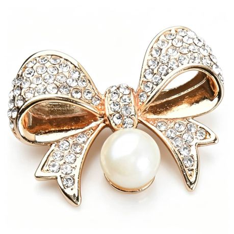 Elegant Crystal-Encrusted Bow Brooch Pin with Faux Pearl Drop-Gold Image