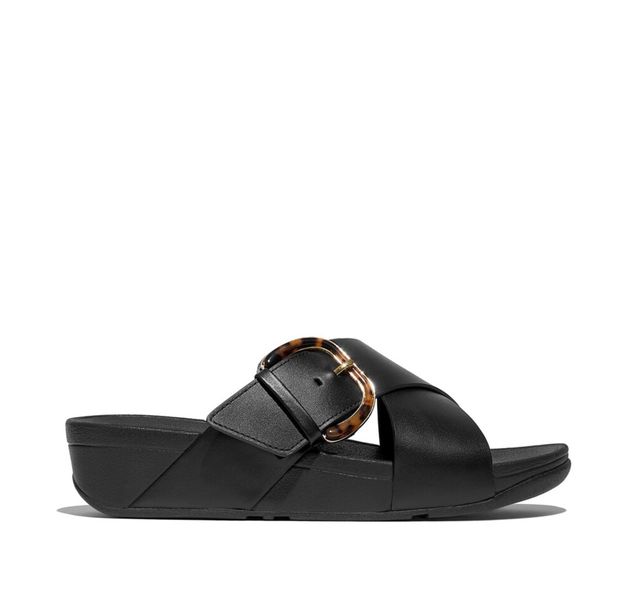 FitFlop Lulu Resin-Buckle Leather Cross/Slides All Black
