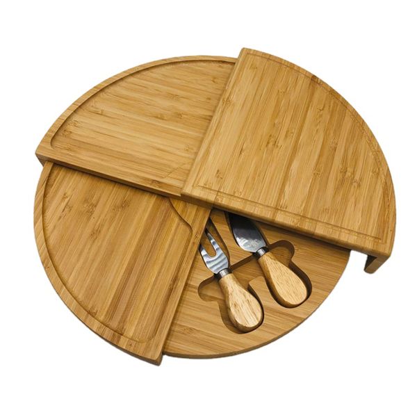 Portable Rotating Serving Bamboo Cheese Board Comes With Knife And Fork Set