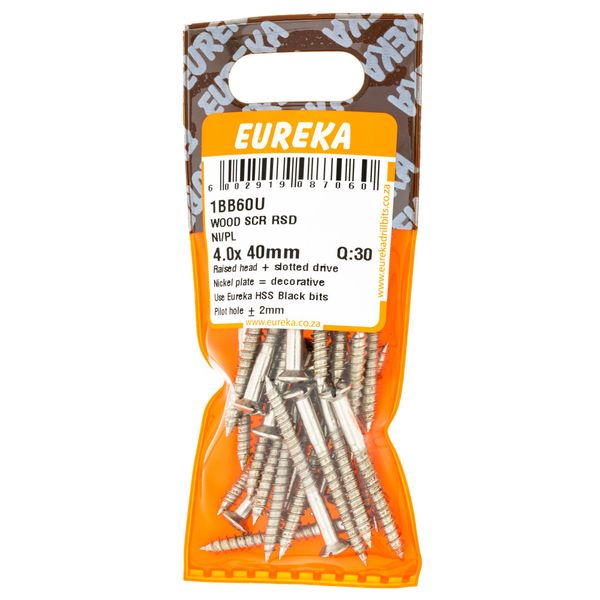 EUREKA Wood Screw Nickel Plated 4 x 40mm Q:30 1BB60U