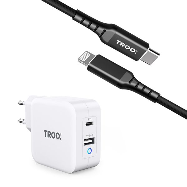 TROO Certified 65W Smart Fast Charge Dual Adapter + Type-C Lightning Cable