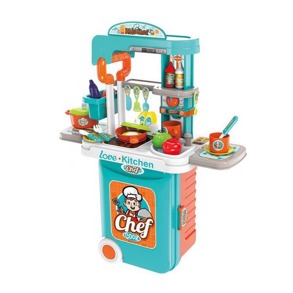 Kitchen Chef Playset Pretend Play in Luggage Trolley - Blue/Orange