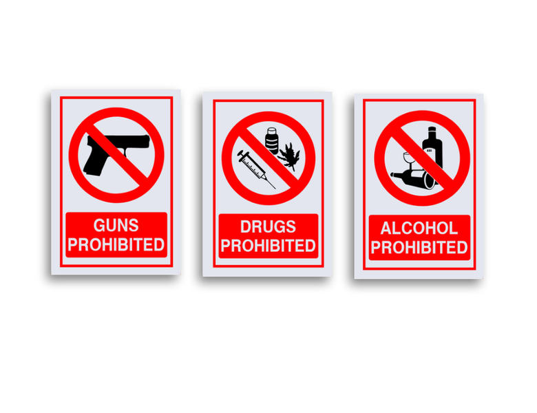 Pack of 3 ABS Safety Sign Boards: Guns, Alcohol, and Drugs Prohibited