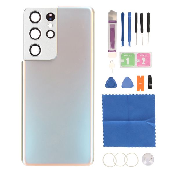 Galaxy S21 Ultra Back Glass, Silver, w/ Camera Frame