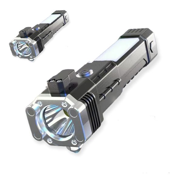 Rechargeable LED Torch w/ Safety Hammer Magnet Side Light Seat Belt Cutter