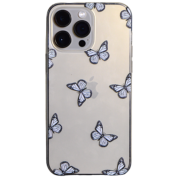 Clear Phone Case with White Butterfly Print for iPhone 15 Pro