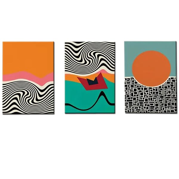 Canvas-Art-3 Pieces Orange Red Teal Green Geometric Abstract Wall Art