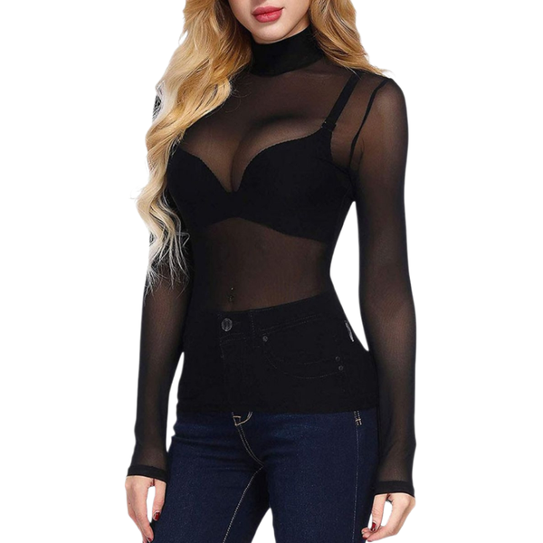 Women's Ultra Thin Mesh Base Layer High Elastic Tight Mock Neck Long Sleeve