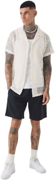 boohooMAN - Men's Tall Fit Crochet Shirt &amp; Short Set - Stone