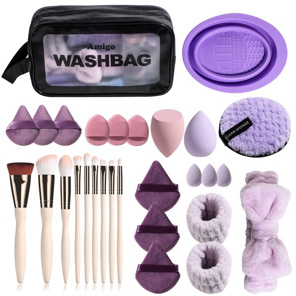 Makeup Brush Travel Cosmetic Kit - Sponges, Puffs, Headband, Wash Bag - Set of 29