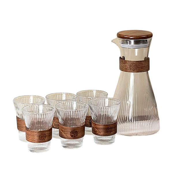 Ribbed Glass Pitcher Set with 6 Cups