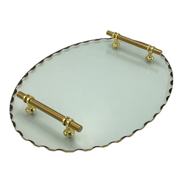 Tray 30x40cm Oval Glass With Gold Border &amp; Handles