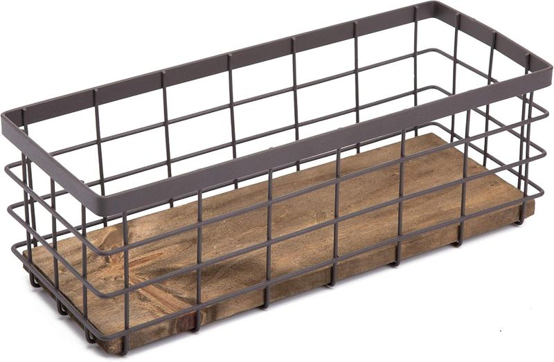 TIEYIPIN Small Metal Wire Basket, Detachable Wood Base Storage Organizer