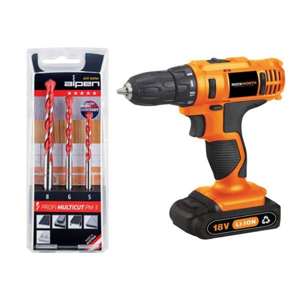 Rockworth - Cordless Drill Combo with Alpen Multicut Drill Bit Set 3 Piece