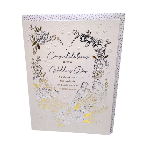 Wedding card - Silver Lovebirds &amp; Flowers