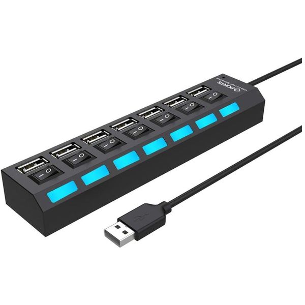 7 Ports USB 2.0 HUB - High Speed USB Hub - Black