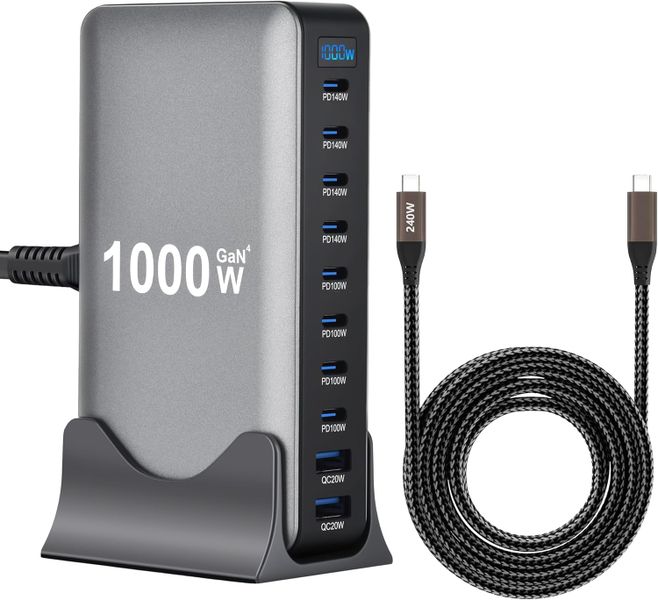 1000W 10-Port GaN 4 Desktop Charging Station with 240W 3.2 ft Data Cable