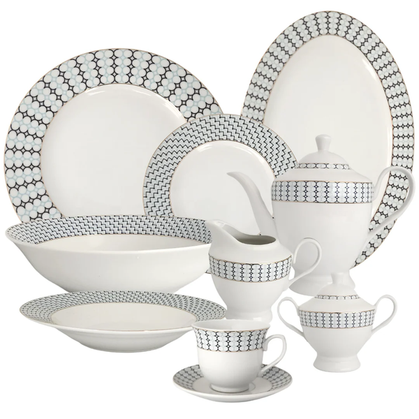 Dinnerware Set White with Patterns - 47 Piece Set