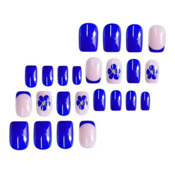 24 Piece - Short Square Press On Nails With Floral Design - Blue