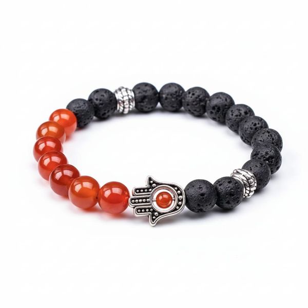 Hamsa Hand Black Beads Bracelet Volcanic Lava Stone Rock, Protective Prayer