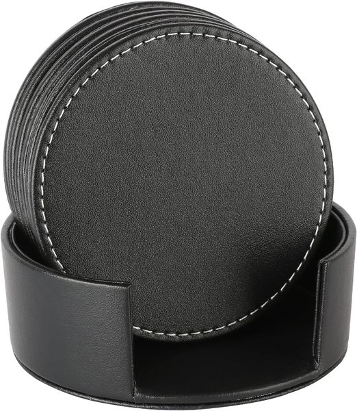 Coasters Set, 6 PU Leather Round Drink Cup Coasters for Tabletop Protection