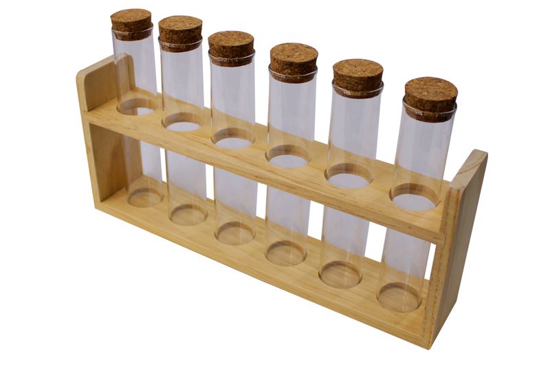 7 Piece Glass Tube Spice Set with Cork Lids &amp; Wooden Holder