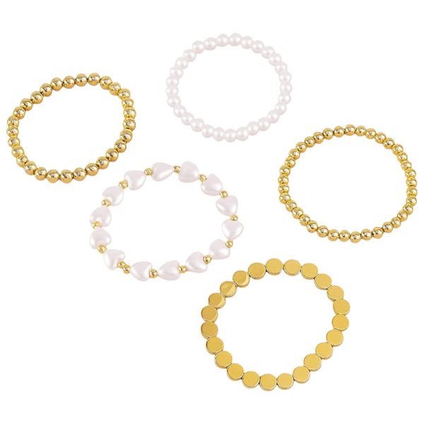 1 Pack - Elegant Faux Pearl Heart Stackable Bead Bracelet Set - Gold