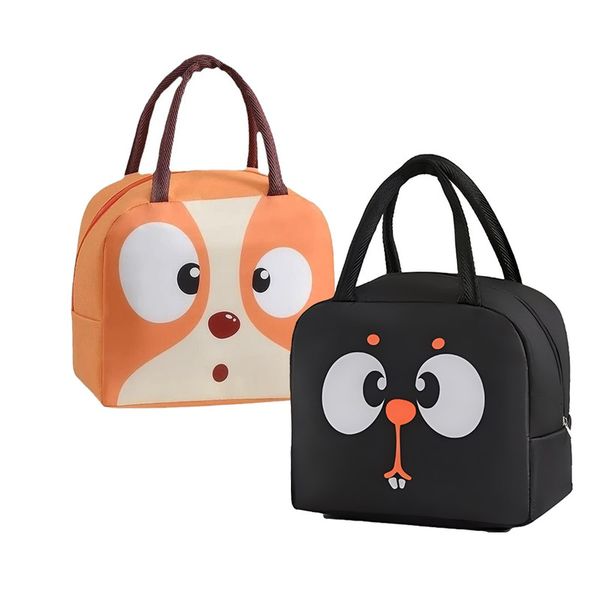 2 Pack Cute Lunch Bags, Cartoon Bento Bag Set with Handle - Orange+Black