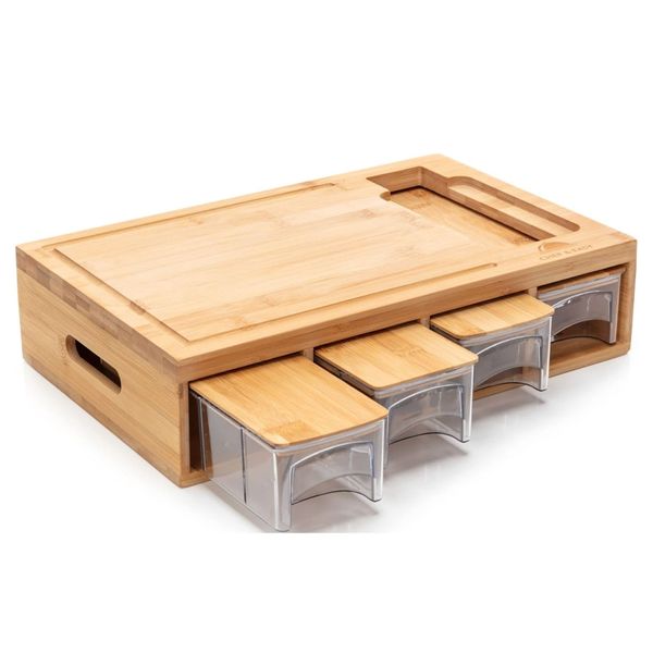Bamboo Cutting Board with 4 Containers Chopping Board Set Meal Prep Station