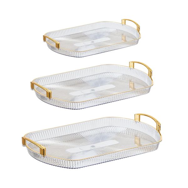 Set of 3 Multi-size Clear Plastic Gold Handle Rectangular Serving Tray
