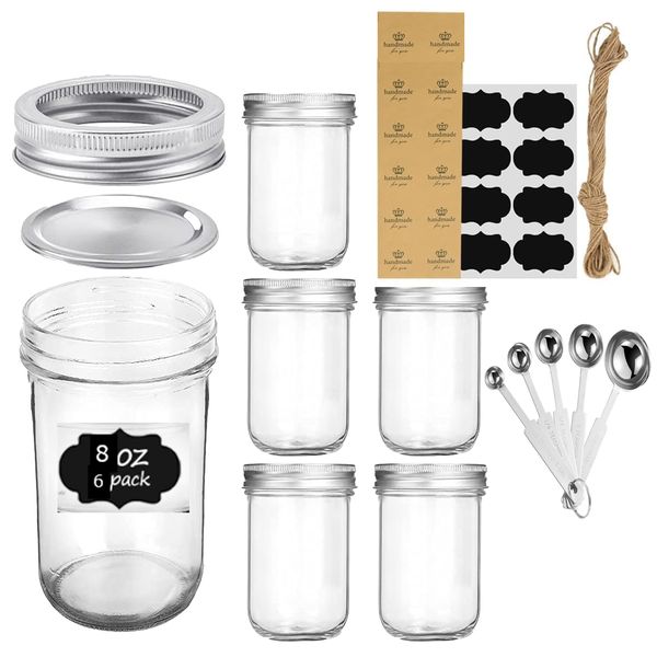 6 Pack Wide Mouth Glass Mason Jars w/ Lids Seal Food Storage Canning -240ml