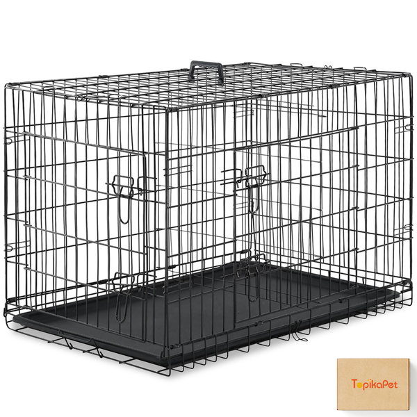 Topika-Foldable Double Door Dog Cage 92.7cm Metal Dog Crate for Large Dog