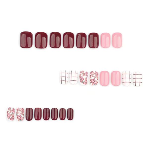 Simple Nail Art With Striped And Plaid False Nails And Flowers