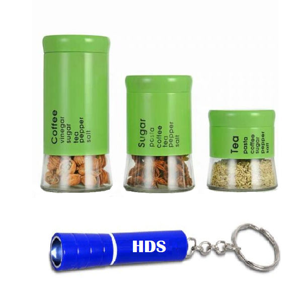 3 Piece Glass Storage Jar Set with HDS Branded Keyring Torch