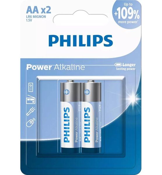 Philips Power Alkaline AA Batteries 2-Pack - 1.5V 2900mAh Long-Lasting