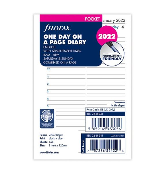 Dated Pocket Day Per Page English Appointments 2022