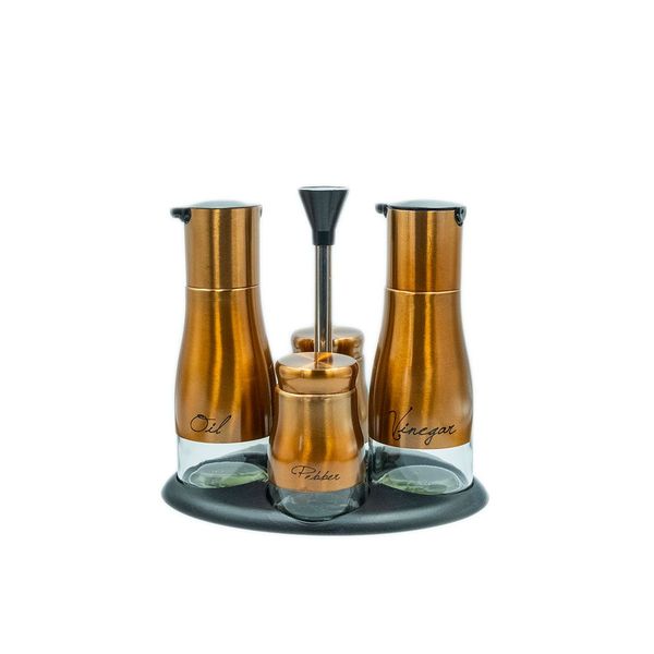 Cruet Set 4 Piece On Stand S/P/O/V Glass With Metal Decal - Kitchen Essentials